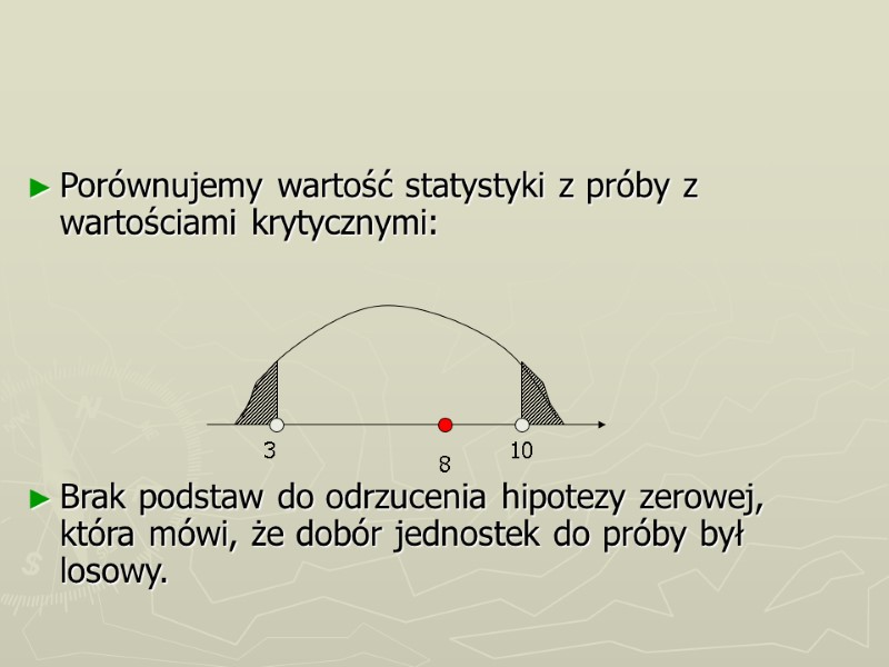 Porównujemy wartość statystyki z próby z wartościami krytycznymi:      Brak